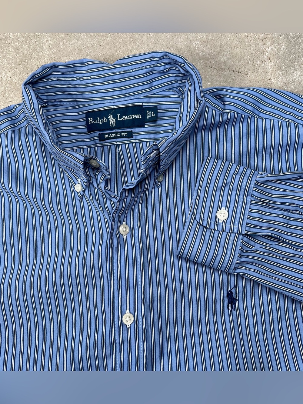 Ralph Lauren Button Down Blue Stripes Classic Fit 100% Cotton Men's Large